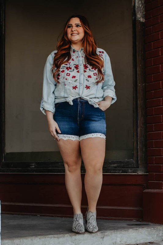 Lucky & Blessed Plus Size Denim Shorts With Crochet Trim