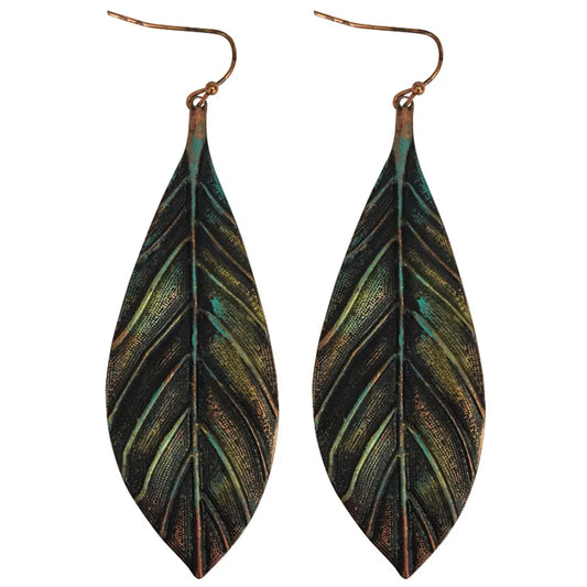 Blazin Roxx Patina Feather Hanging Earrings w/ Slight turquoise accents