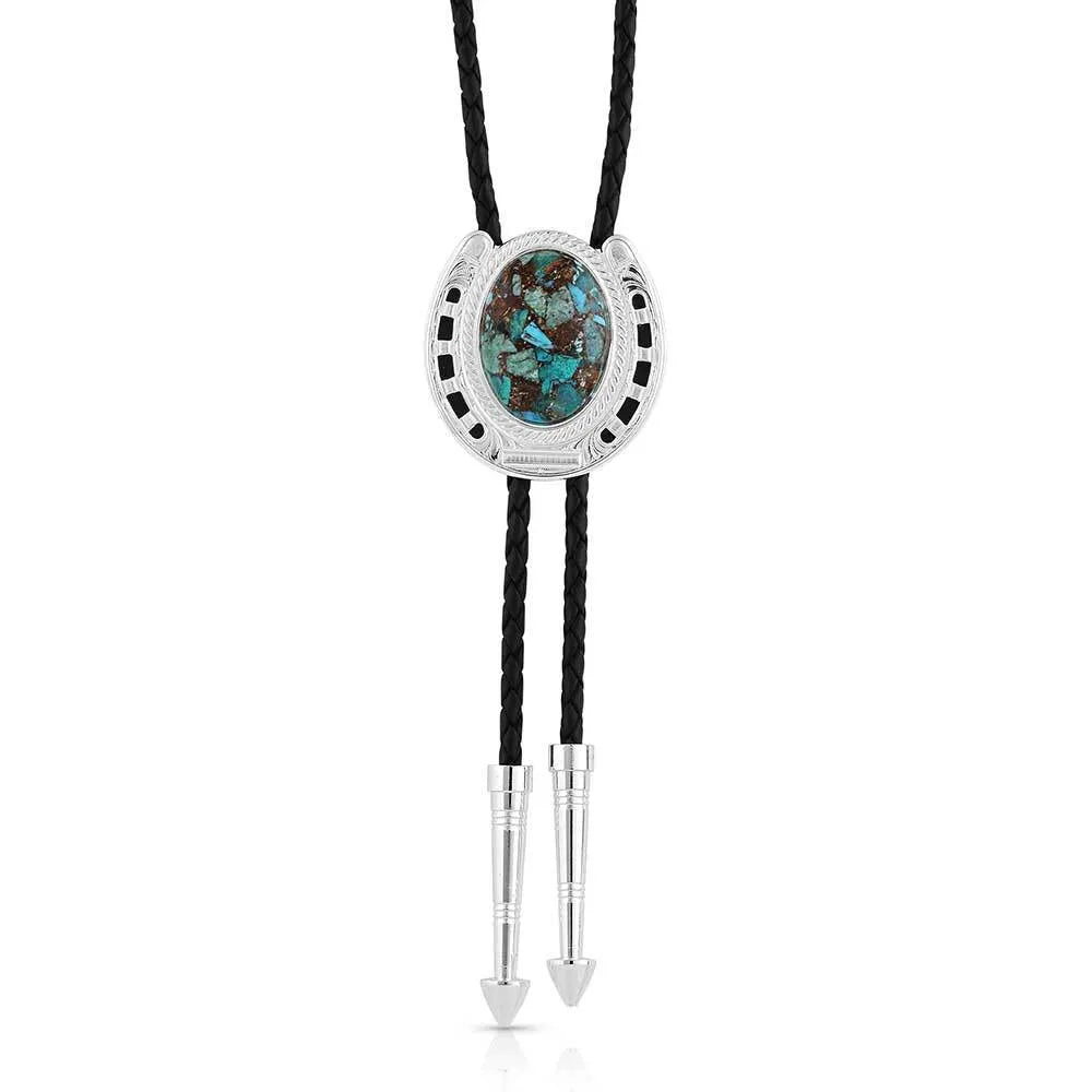 Montana Silversmiths THE PIONEER'S HORSESHOE w TURQUOISE BOLO TIE w Leather cord