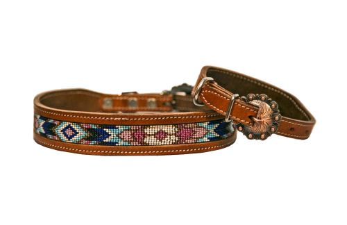 Genuine Leather Dog Collar Beaded Inlay