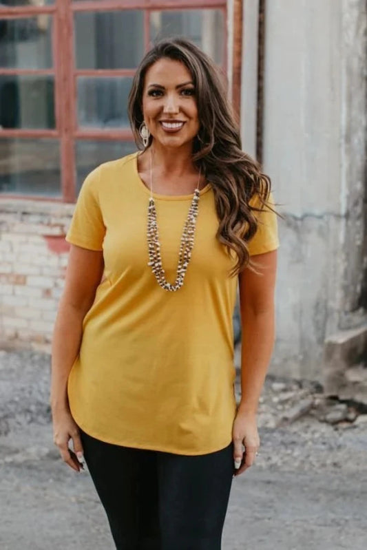 Women's Mustard Yellow Curved Hem Short Sleeve Shirt / Top