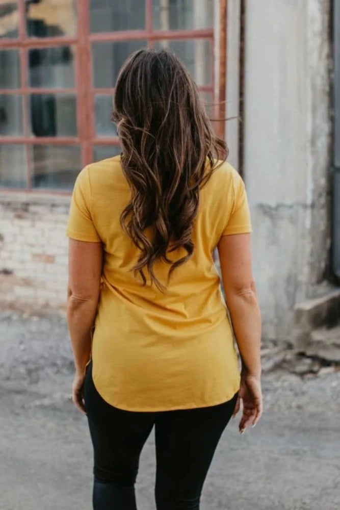 Women's Mustard Yellow Curved Hem Short Sleeve Shirt / Top