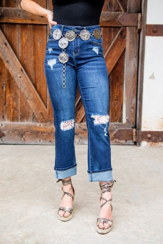 Lucky & Blessed High Rise Mid Wash Jeans With Crochet Lace Knee Patch
