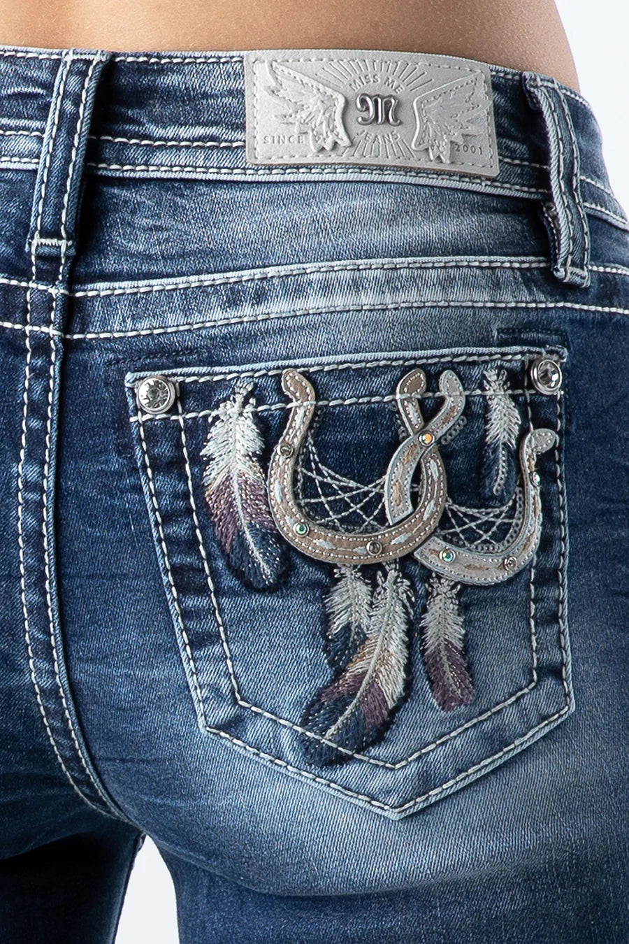 Women's Miss Me Double Horseshoes Bling Pocket Bootcut Jeans