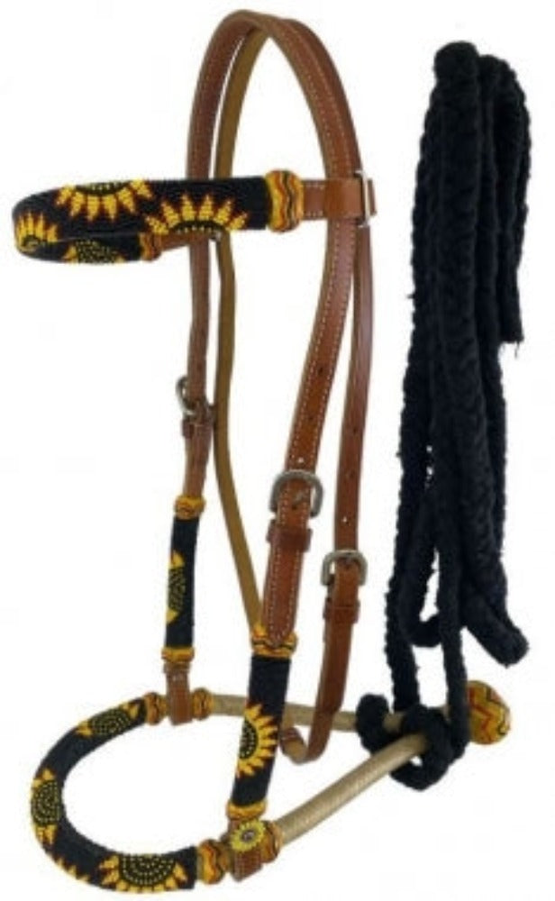 Leather Bosal Headstall w/ Sunflower Design Beaded Overlays