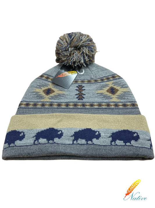 Nativo Adult size Buffalo & Aztec Print Beanie Winter Hat w/ Pom Pom
