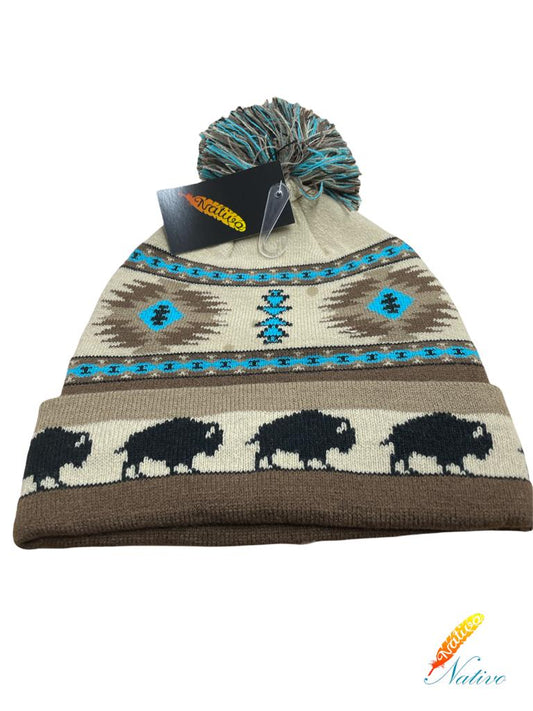 Nativo Brown Buffalo Aztec Beanie Winter Hat w/ Pom pom
