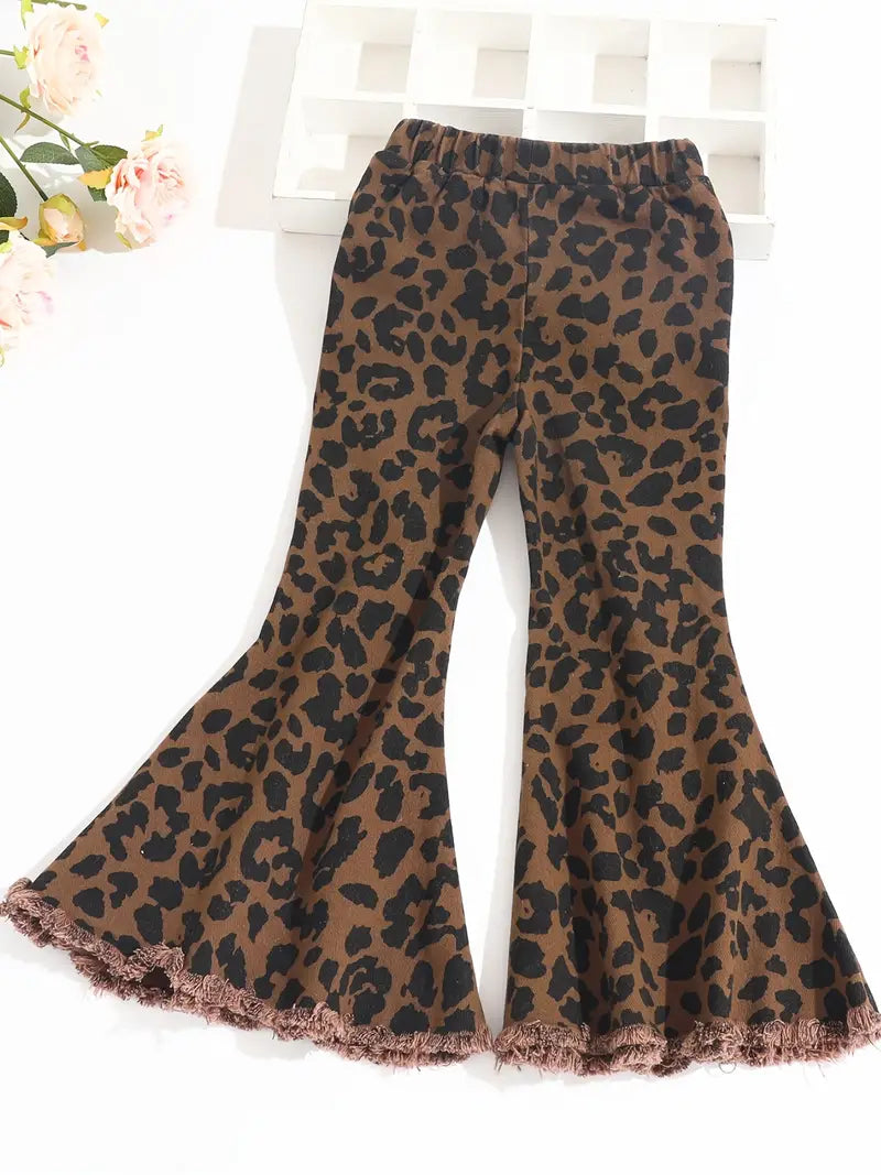 Girl's Leopard Print Ripped Flare Jeans