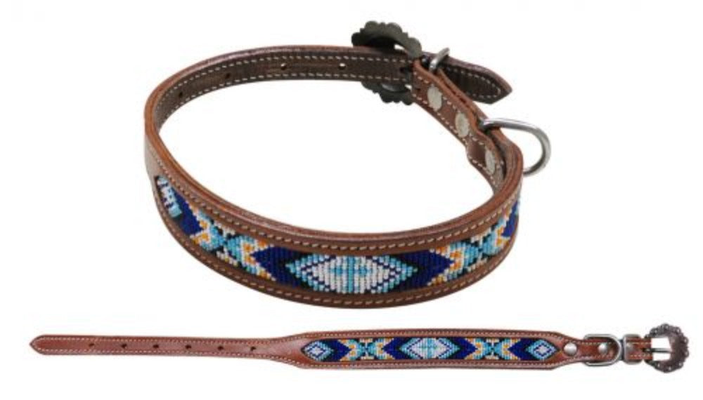 Beaded Inlay Leather Dog Collar with Copper Buckle