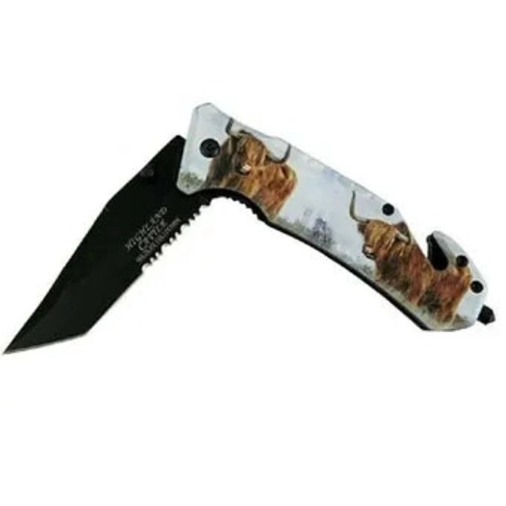 8 1/2" long HIGHLAND CATTLE PRINT TACTICAL KNIFE