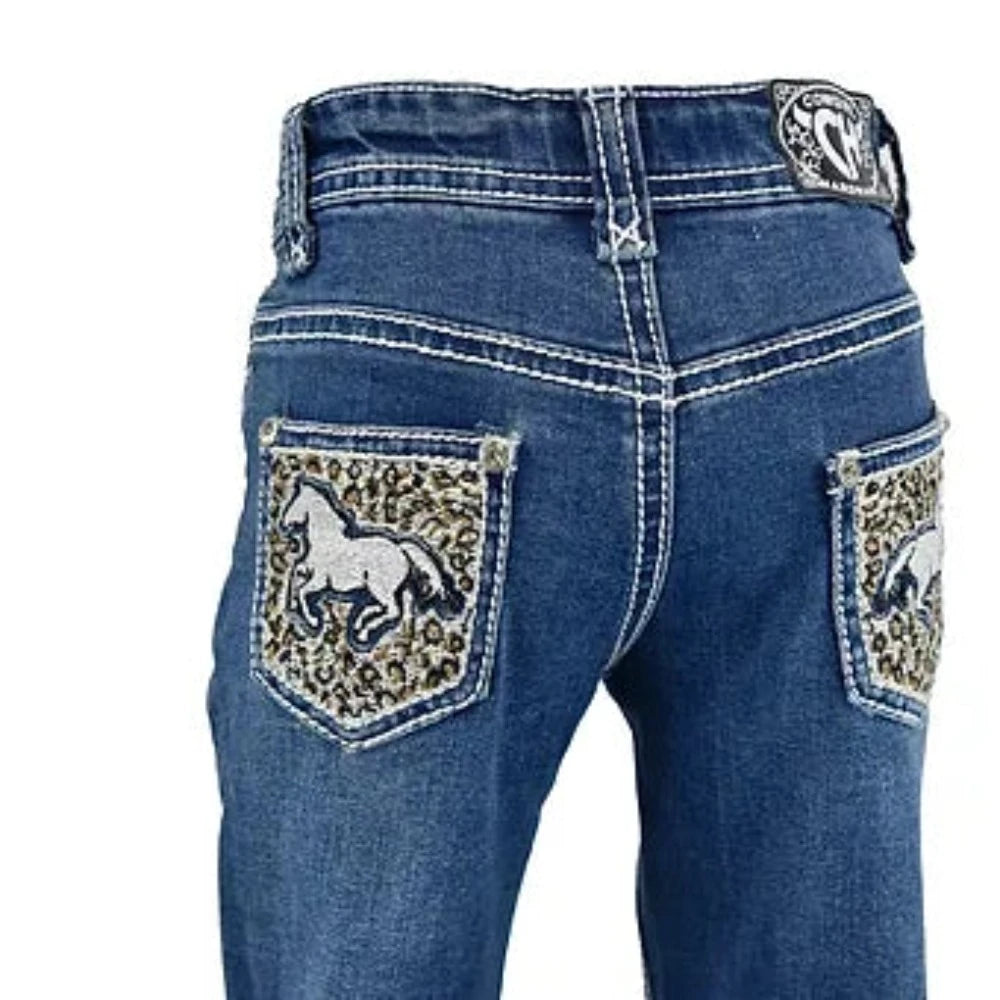 Girl's Cowgirl Hardware Leopard Horse Pocket Jeans