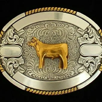 Crumrine Silver & Gold OVAL COW BELT BUCKLE w/ Floral tooling Rope edging