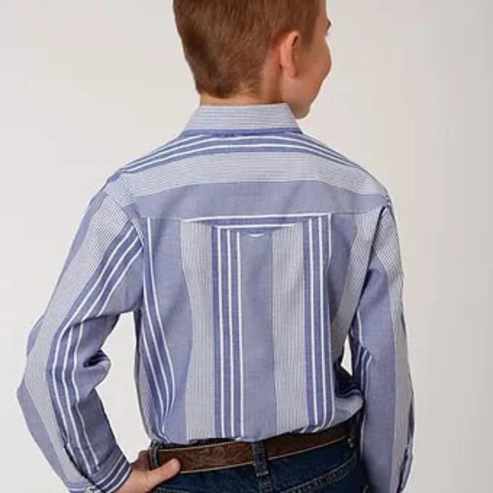 Boy's Blue Striped Long Sleeve Western Button Up
