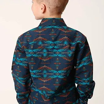 Roper Boy's Long Sleeve Horizontal Print Turquoise Blanket Print Button Up
