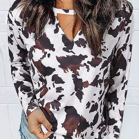 Women's Cow Print Long Sleeve Blouse w/ Keyhole neck