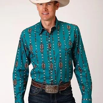 Roper Men's Teal Aztec Arrow Print Western Shirt