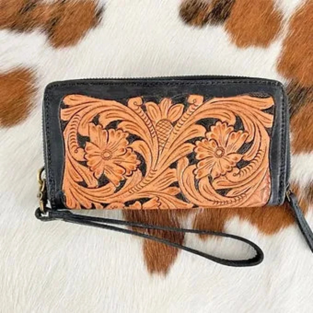 Genuine Leather Floral Basket Weave Clutch Wallet