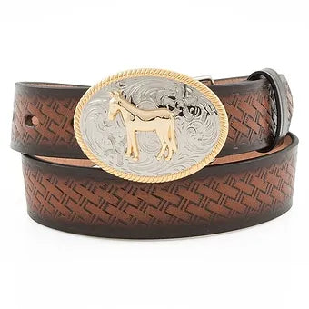 Badger Genuine Leather Youth Basket Weave Stamped Belt w/ Horse Buckle