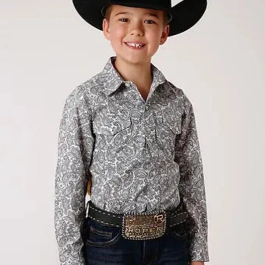 Youth boy's Roper White Black Paisley Western Shirt