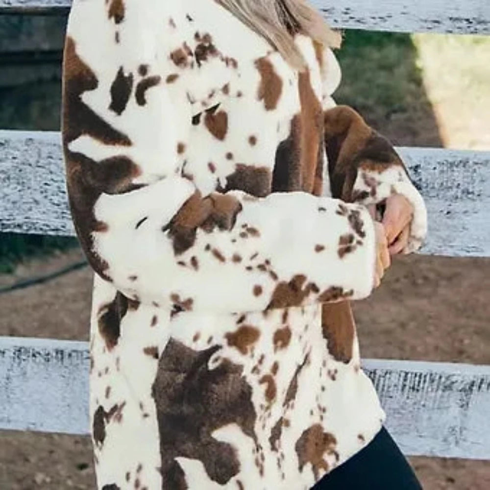 Women's Cow Print Fleece Sweatshirt w/ Zip collar