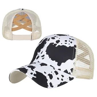 Cow Print Ball Cap w/ Mesh Pony tail opening - Brown or Black