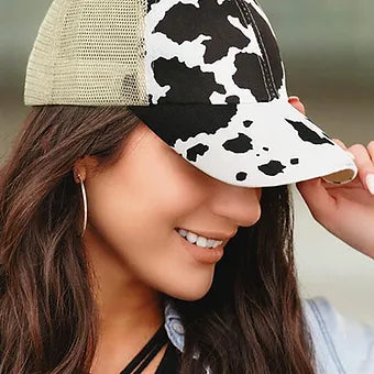 Cow Print Ball Cap w/ Mesh Pony tail opening - Brown or Black