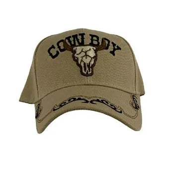 Black or Tan 'Cowboy' & Longhorn Steer Skull Baseball Cap Hat w/ Closure