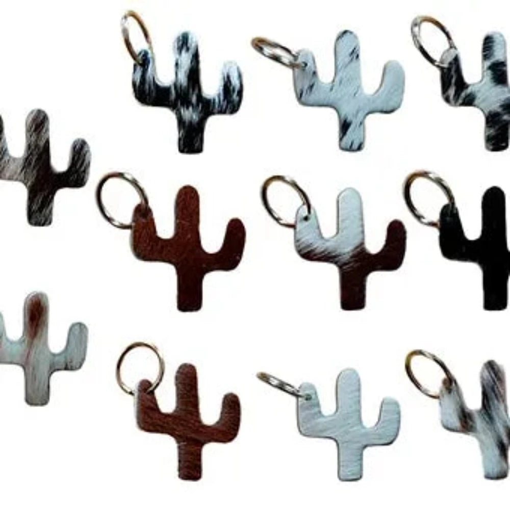 Hair-On Cowhide Cactus Cut-Out Keychain