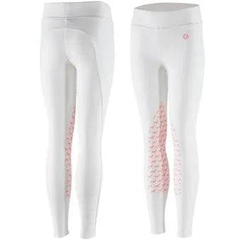 Horze Youth White & Pink Horse Print Silicone Grip English Breeches