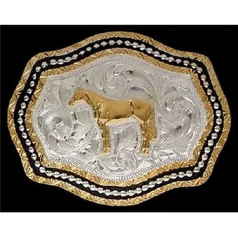 M&F Western Silver Gold Black Standing Horse Belt Buckle 3" x 2 3/8"