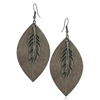 Montana Silversmiths Silver Feather & Brown Leaf Soft Leather Earrings w/ Hooks