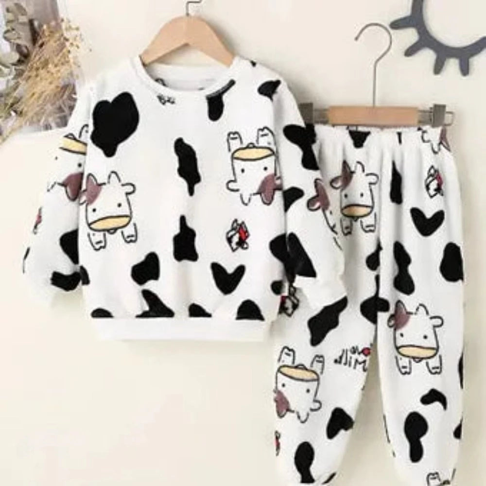 Youth child's White black COW PRINT FLEECE SHIRT & PANTS Pajamas