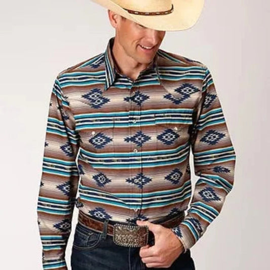 Men's Roper Brown Teal Aztec Print Western Shirt w/ Snaps