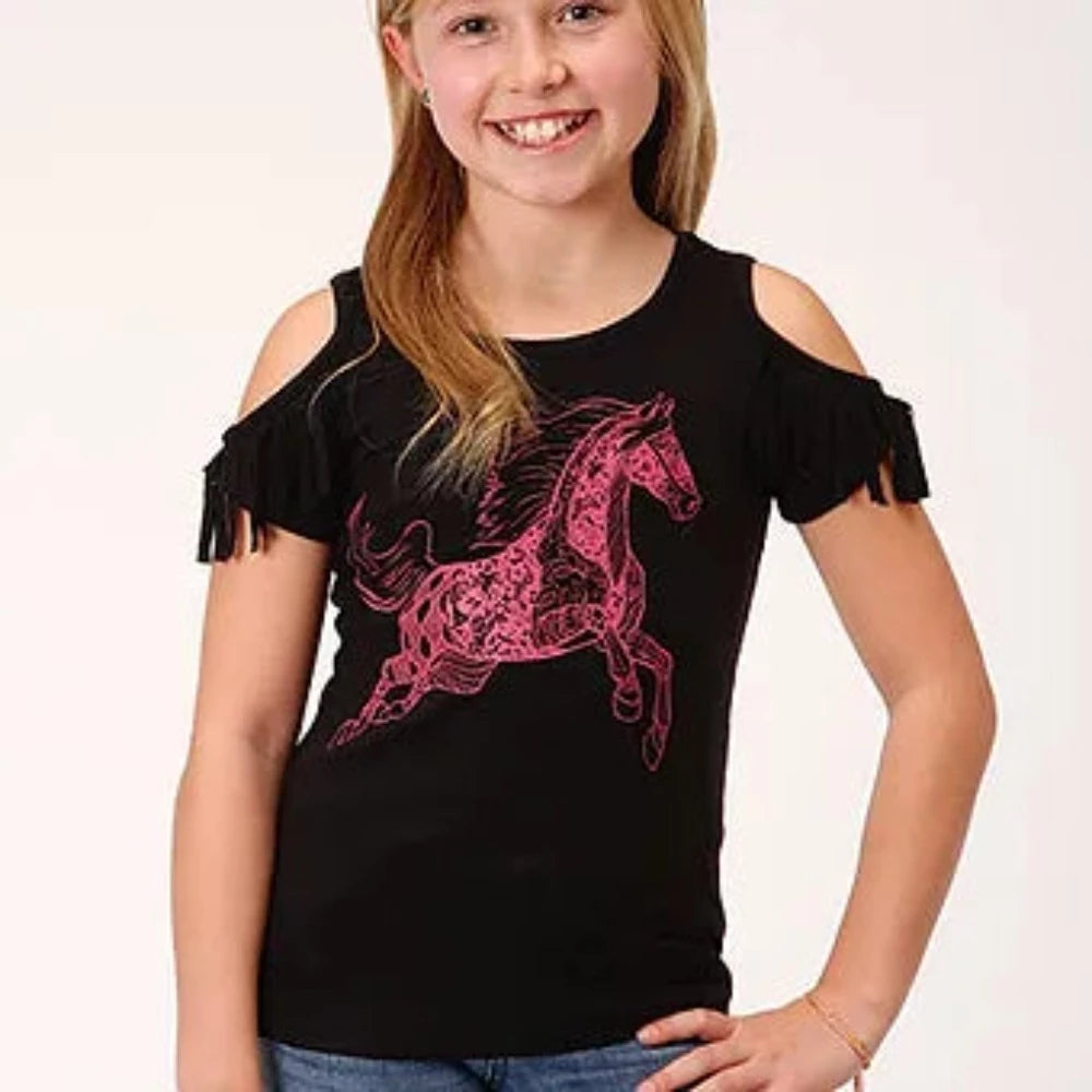 Girl's Roper Black Pink Horse Cold Shoulder Shirt