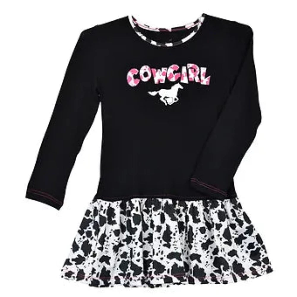 Cowgirl Hardware Long Sleeve Black Cowgirl Horse Dress With Cow Print Bottom