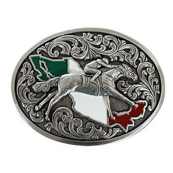 Ariat Engraved oval HORSE RIDER BELT BUCKLE w/ Green white red Mexico Tooling