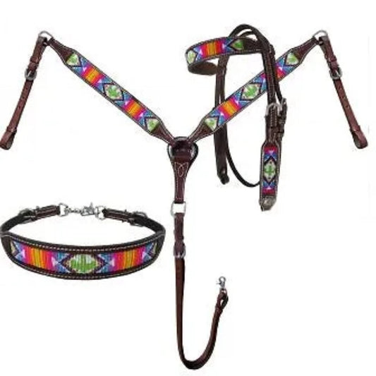 Beaded Southwest Cactus Headstall Breast Collar Set