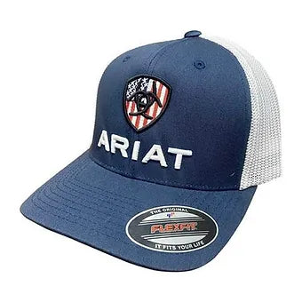 Blue & White Mesh Ariat Logo Shield Flexbit Baseball Cap Trucker hat One size