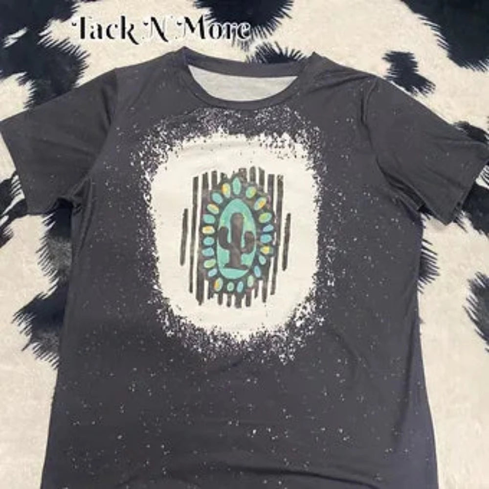 Black Crew Neck Cactus Concho T-Shirt w/ Bleach Spray