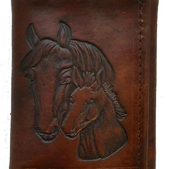 Brown Leather Tri-Fold Leather Wallet w/ embossed Horse Foal Head