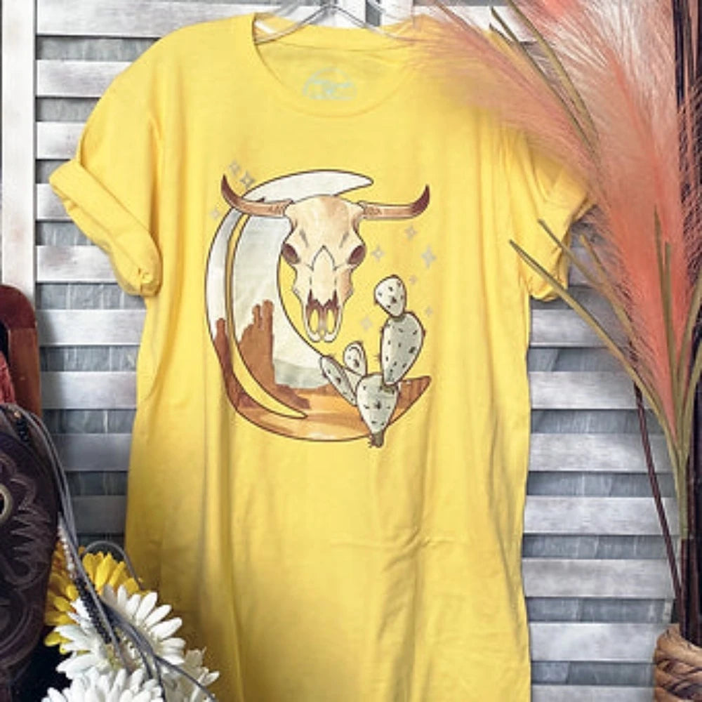 Women's Light Yellow Desert Moon Skull Graphic Western T-Shirt