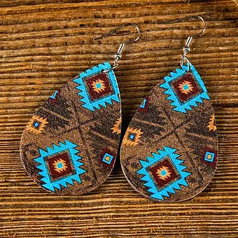 Brown Southwest Aztec Faux Leather Earrings
