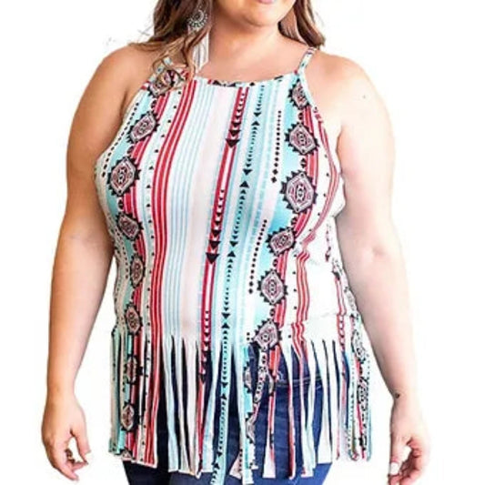 Plus Size Women's Aztec Print Tank Top w/ Tassels