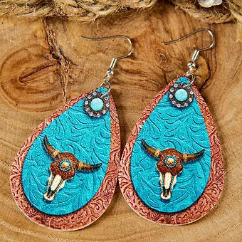 Blue & brown Water Drop Earrings w/ Steer head