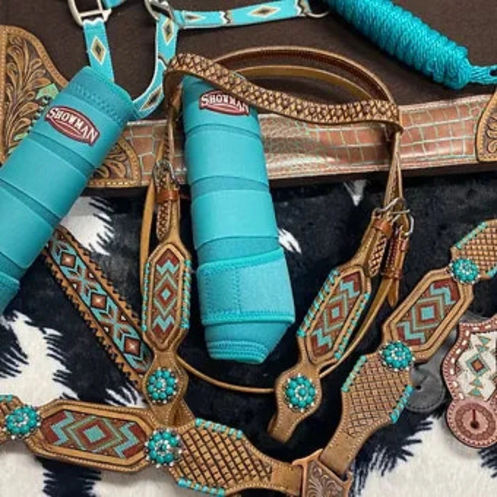 Showman Turquoise Aztec Leather Browband Breast Collar & Headstall Set