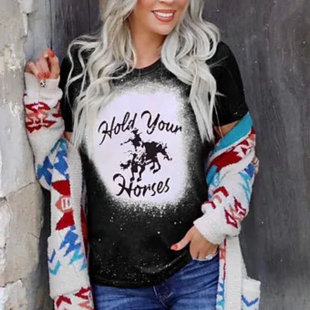 Women's Black 'Hold your Horses' Cowboy Graphic Shirt