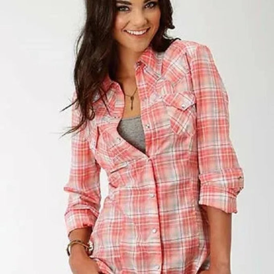 Roper Women's Coral Pink PLAID WESTERN SHOW SHIRT w/ Snaps