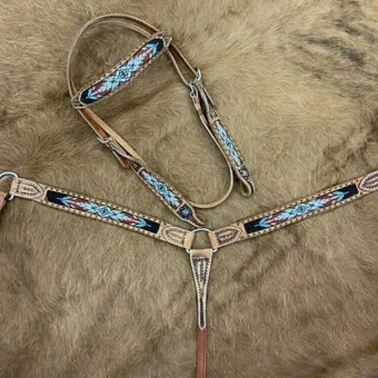 Beaded Browband Headstall & Breast Collar Set w/ Rawhide Leather Accents