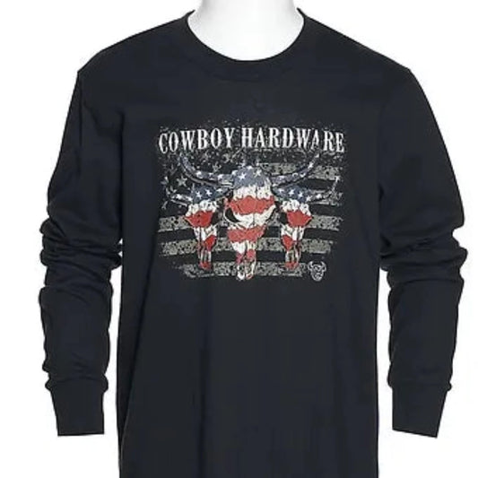 Boy's Cowboy Hardware Black Triple Skulls Flag Shirt