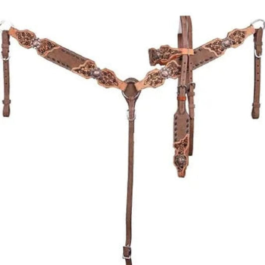 Chocolate Browband Headstall & Breast Collar Set w/ Flower tooling
